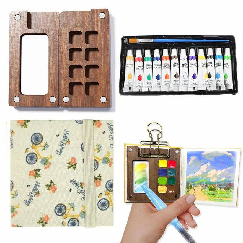 Kompaktes Aquarell-Set für unterwegs mit Palette, Pinsel und Skizzenbuch