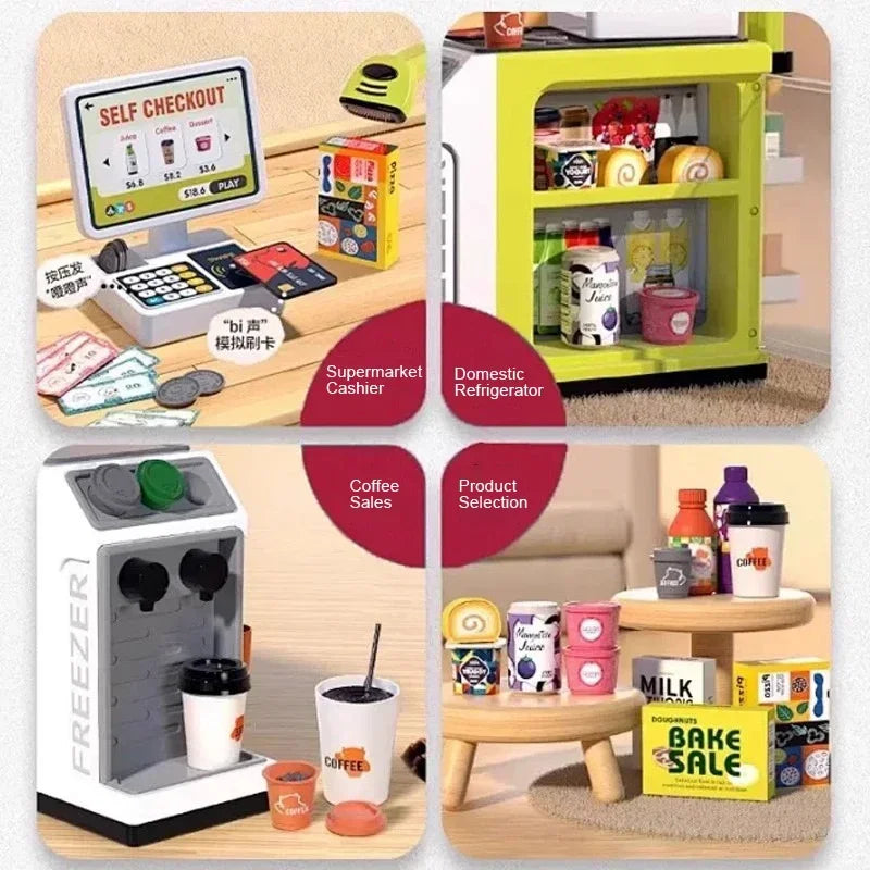 Toy cash register with touchscreen and scanner for home use