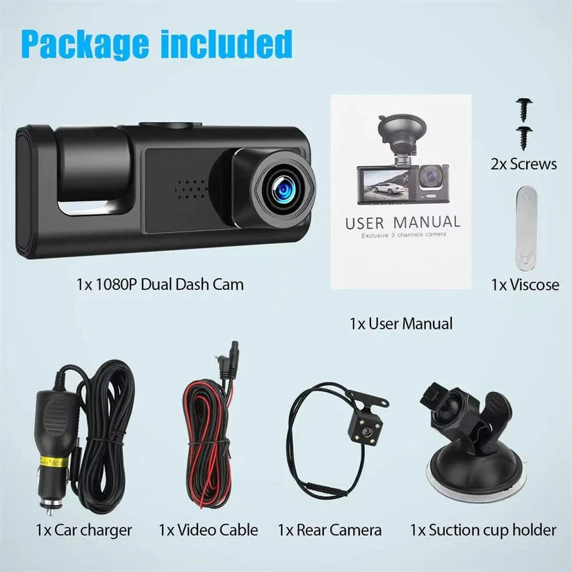Dreifach-Kamera Dashcam mit 2 Zoll Bildschirm und Parküberwachung
