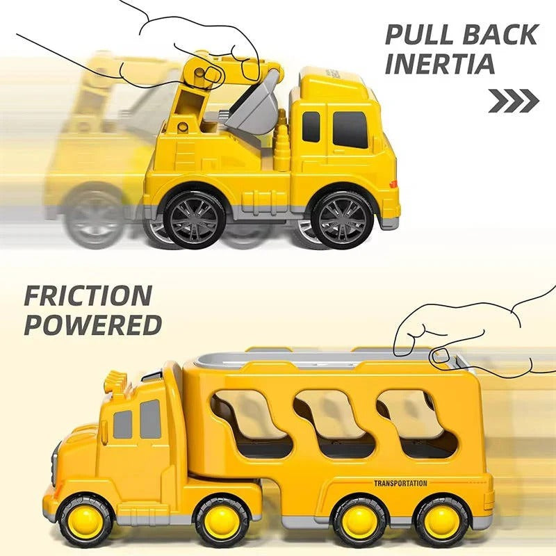 Baufahrzeug Set mit Transporter und Rampe – 5 Teile