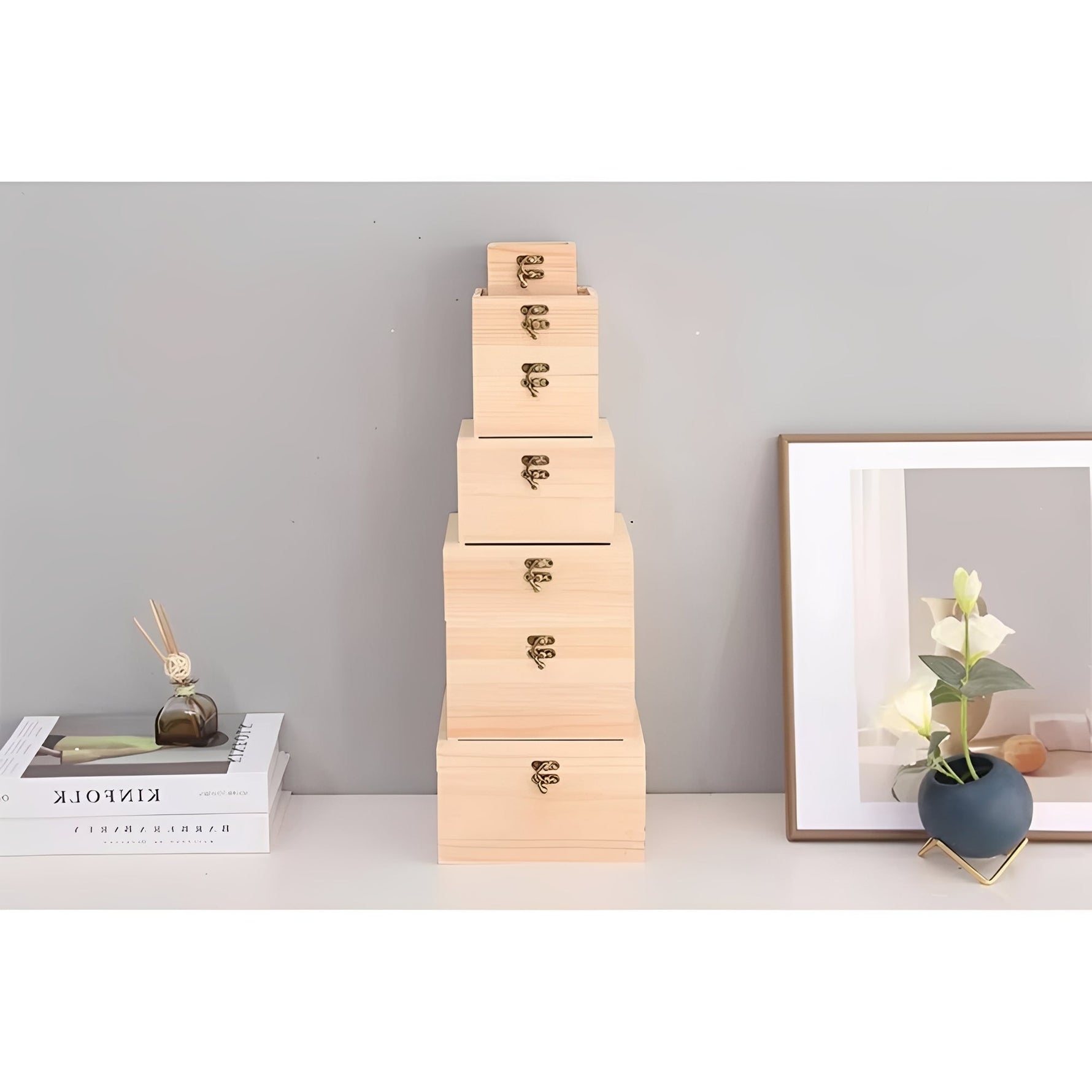 Square Wooden Storage Box with Hinged Lid for Jewelry and Office Supplies