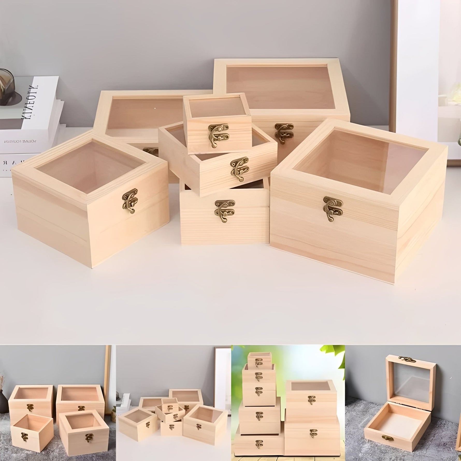 Square Wooden Storage Box with Hinged Lid for Jewelry and Office Supplies