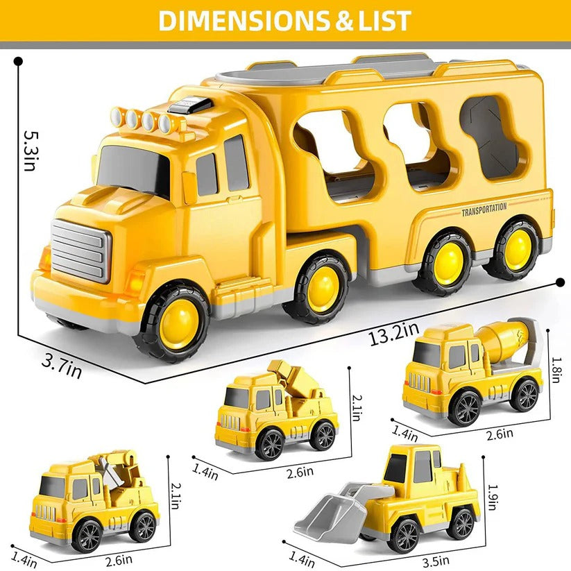 Baufahrzeug Set mit Transporter und Rampe – 5 Teile