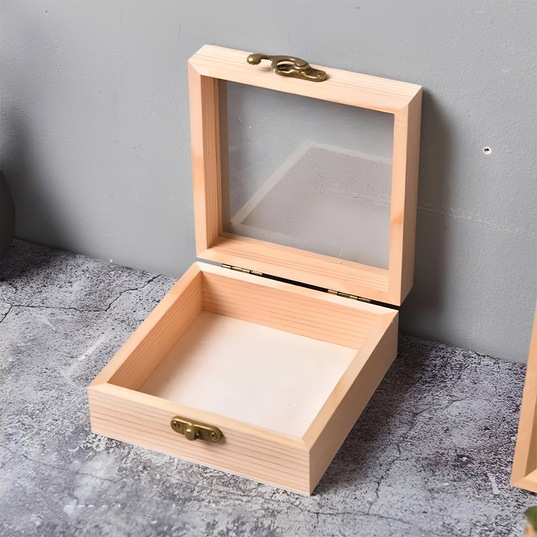 Square Wooden Storage Box with Hinged Lid for Jewelry and Office Supplies