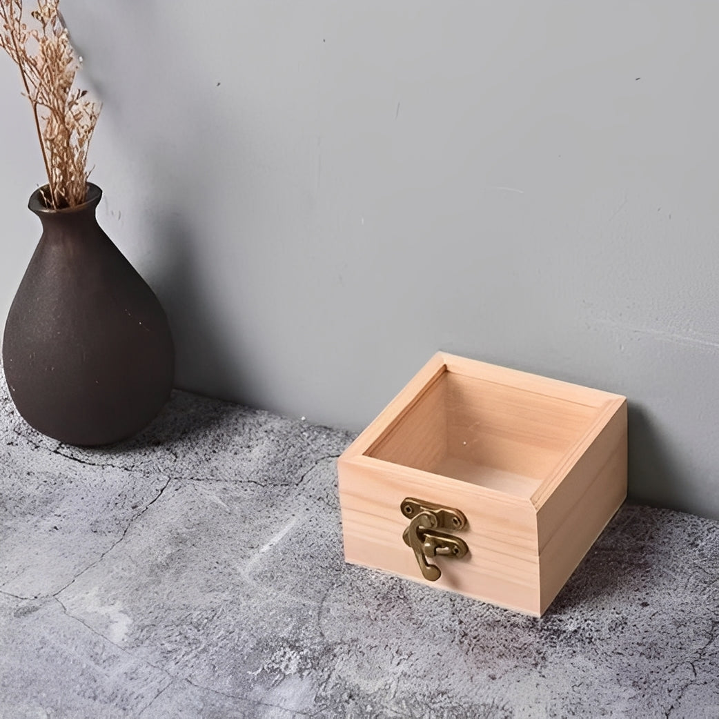 Square Wooden Storage Box with Hinged Lid for Jewelry and Office Supplies