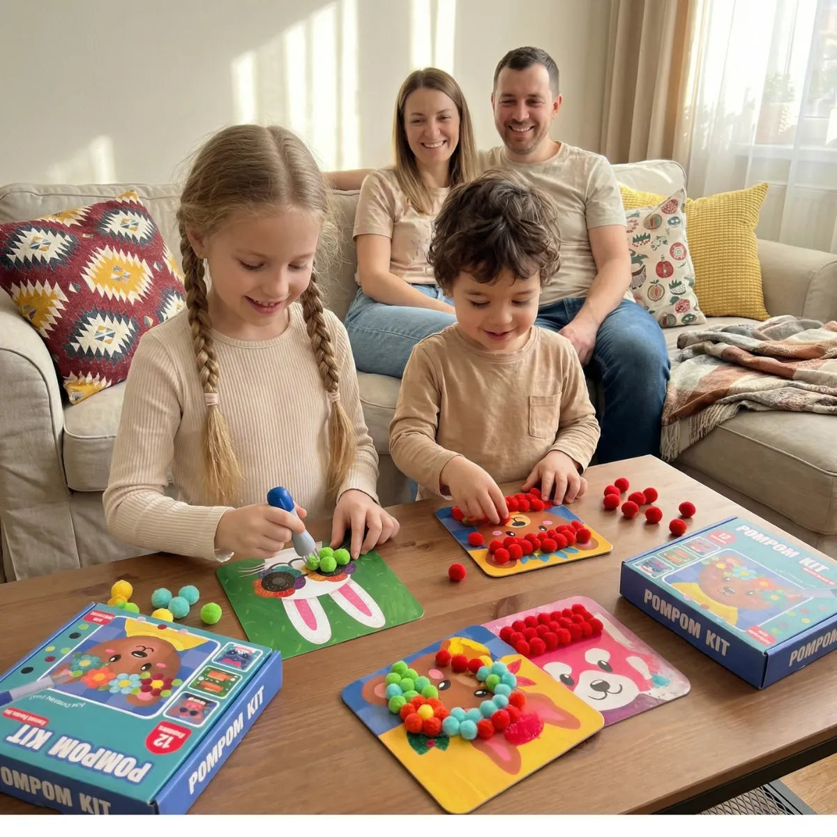 Kreatives Bastelset mit 12 Tiermotiven und 600 bunten Pompons