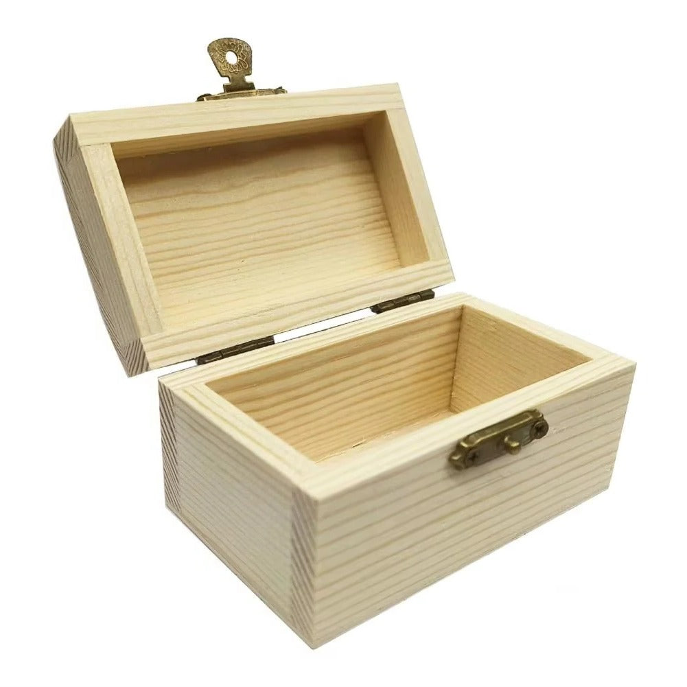 Pine wooden treasure chest with hinged lid and safety clasp for creative projects