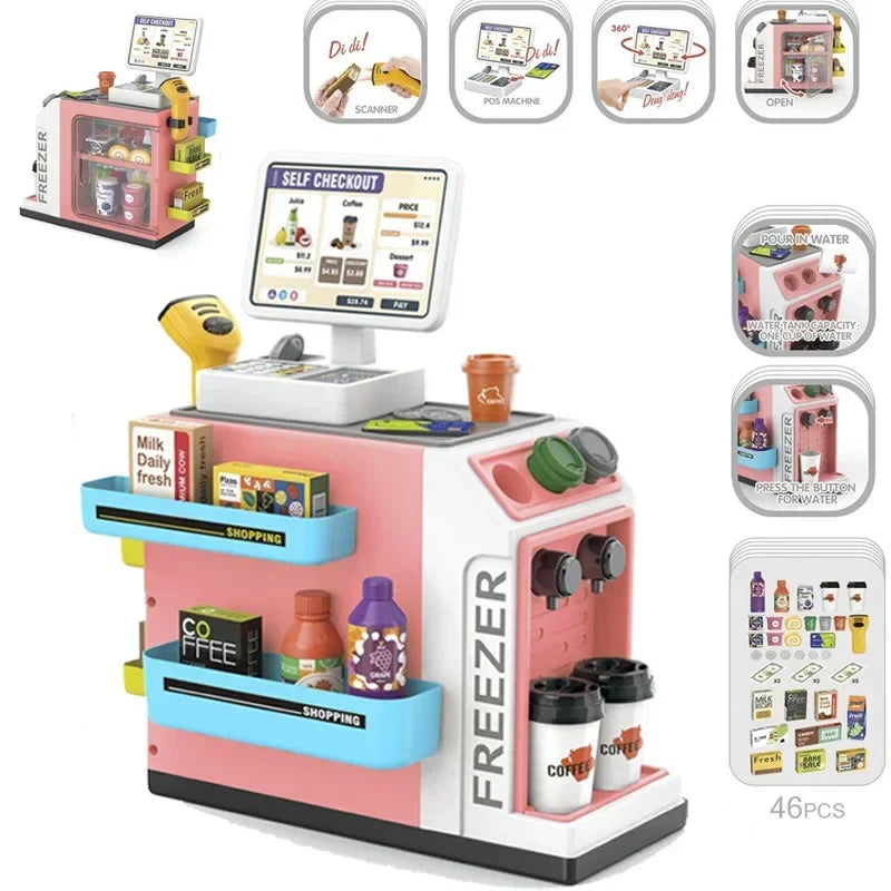 Toy cash register with touchscreen and scanner for home use