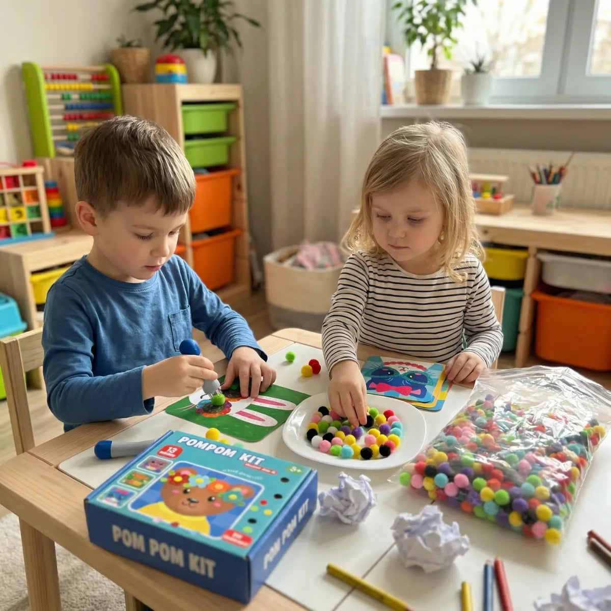 Kreatives Bastelset mit 12 Tiermotiven und 600 bunten Pompons