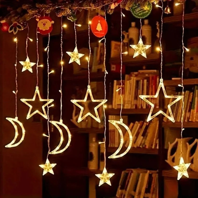 Whimsical window lighting with stars and moons, 138 inches