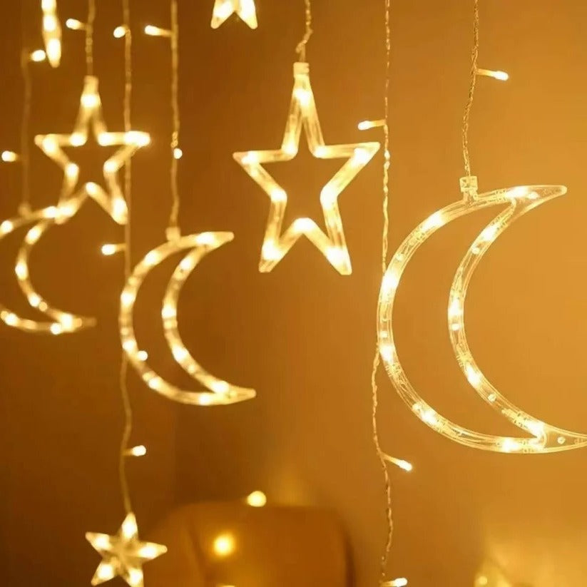 Whimsical window lighting with stars and moons, 138 inches