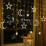 Whimsical window lighting with stars and moons, 138 inches