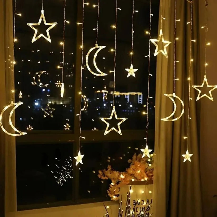 Whimsical window lighting with stars and moons, 138 inches