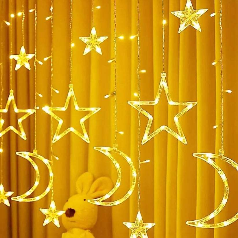 Whimsical window lighting with stars and moons, 138 inches