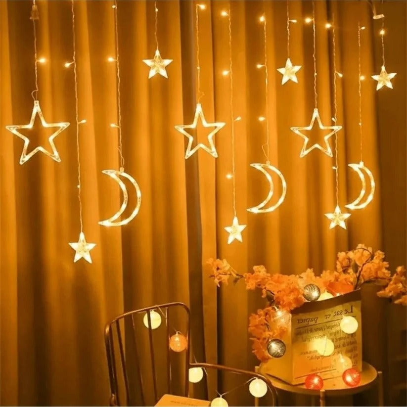 Whimsical window lighting with stars and moons, 138 inches
