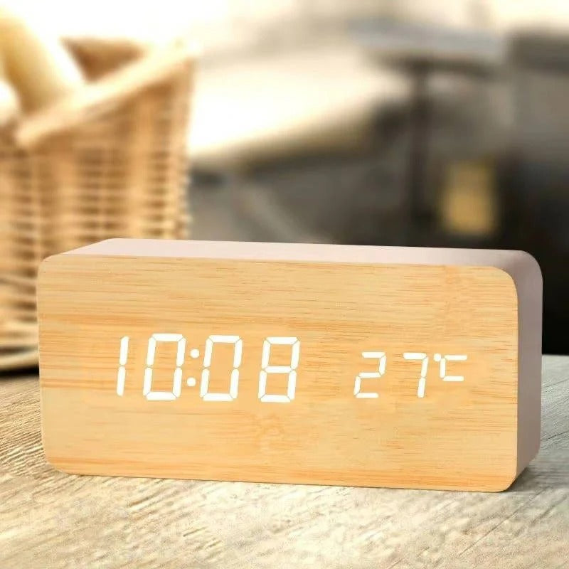 Modern Wood Grain Look Alarm Clock with 3 Alarms and Adjustable Brightness