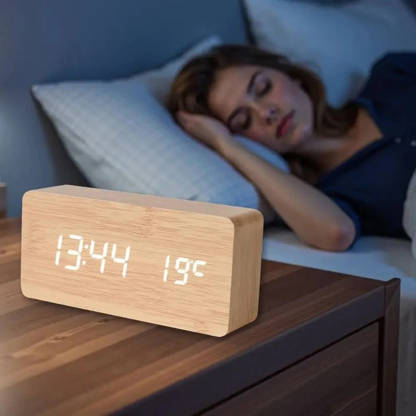 Modern Wood Grain Look Alarm Clock with 3 Alarms and Adjustable Brightness