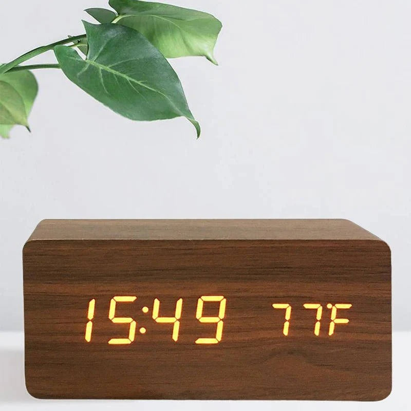Modern Wood Grain Look Alarm Clock with 3 Alarms and Adjustable Brightness