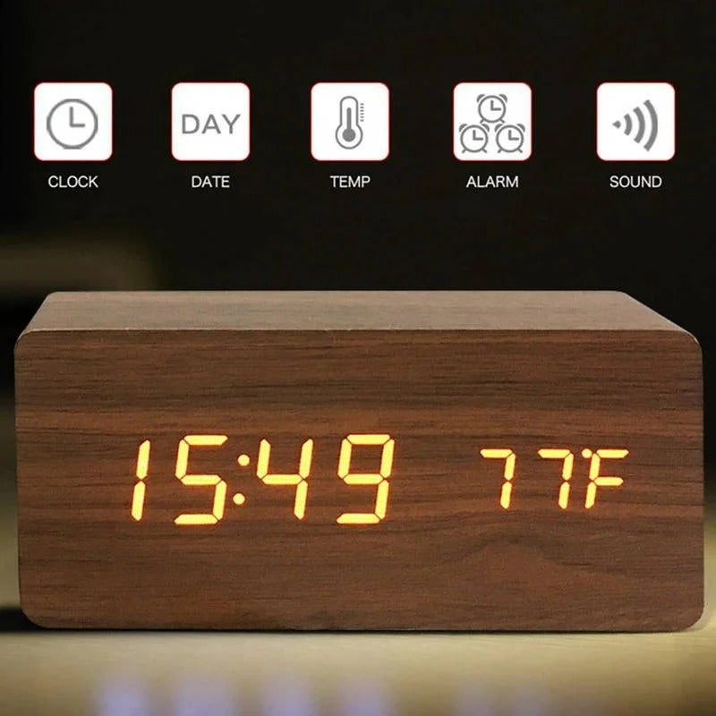 Modern Wood Grain Look Alarm Clock with 3 Alarms and Adjustable Brightness