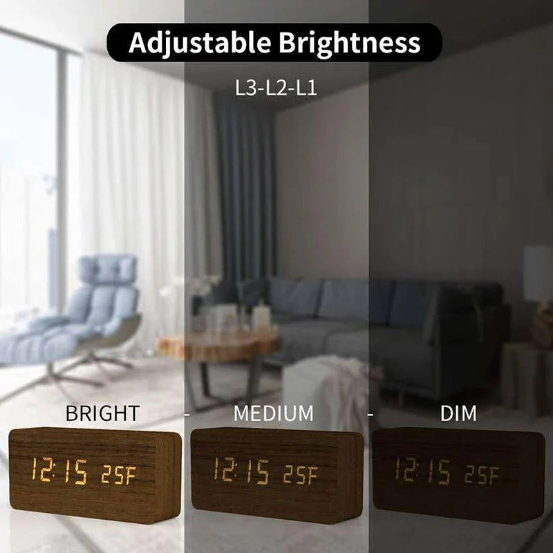 Modern Wood Grain Look Alarm Clock with 3 Alarms and Adjustable Brightness