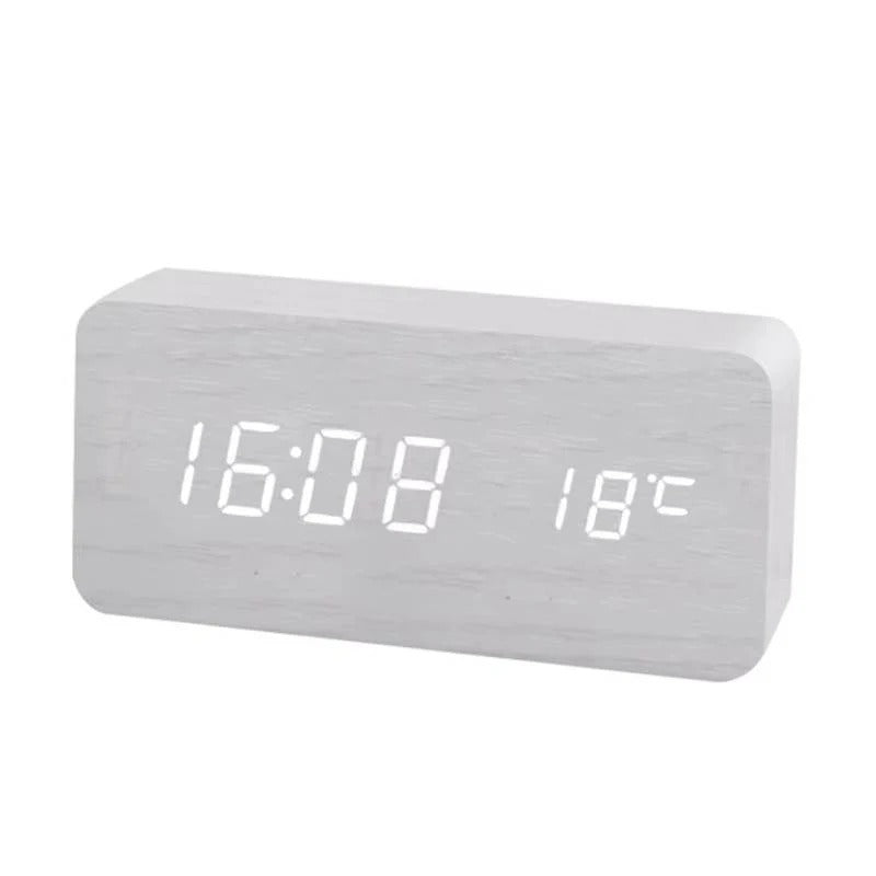 Modern Wood Grain Look Alarm Clock with 3 Alarms and Adjustable Brightness