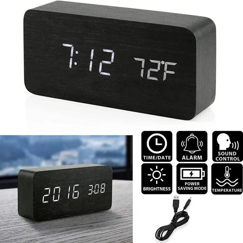 Modern Wood Grain Look Alarm Clock with 3 Alarms and Adjustable Brightness