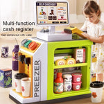 Toy cash register with touchscreen and scanner for home use