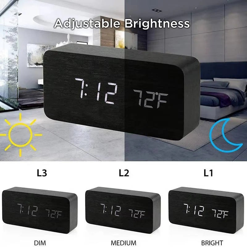 Modern Wood Grain Look Alarm Clock with 3 Alarms and Adjustable Brightness
