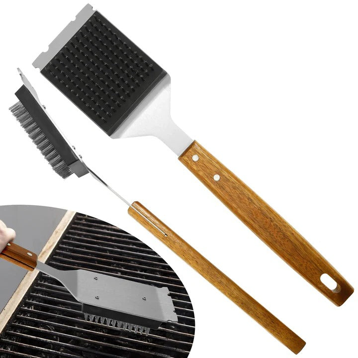Practical grill cleaning brush with wooden handle and metal scraper
