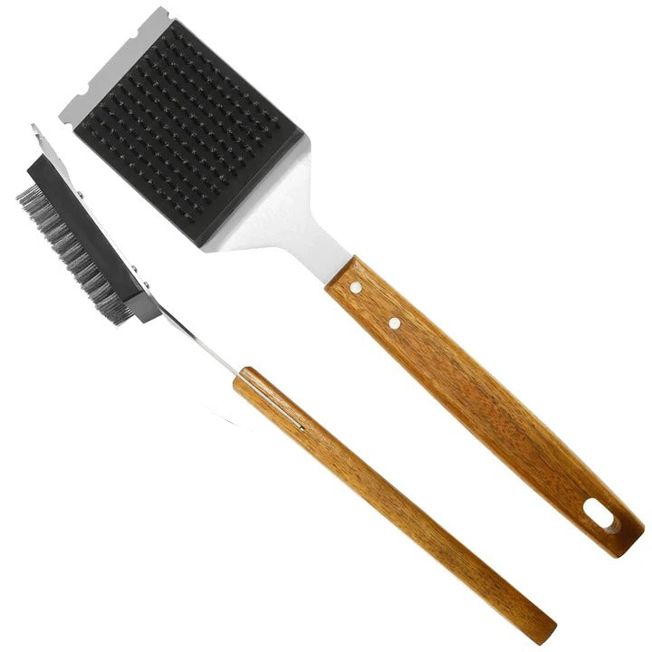 2-in-1 Grill Cleaning Brush with Wooden Handle and Metal Scraper