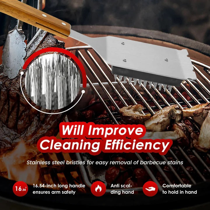 Practical grill cleaning brush with wooden handle and metal scraper
