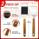 Practical grill cleaning brush with wooden handle and metal scraper
