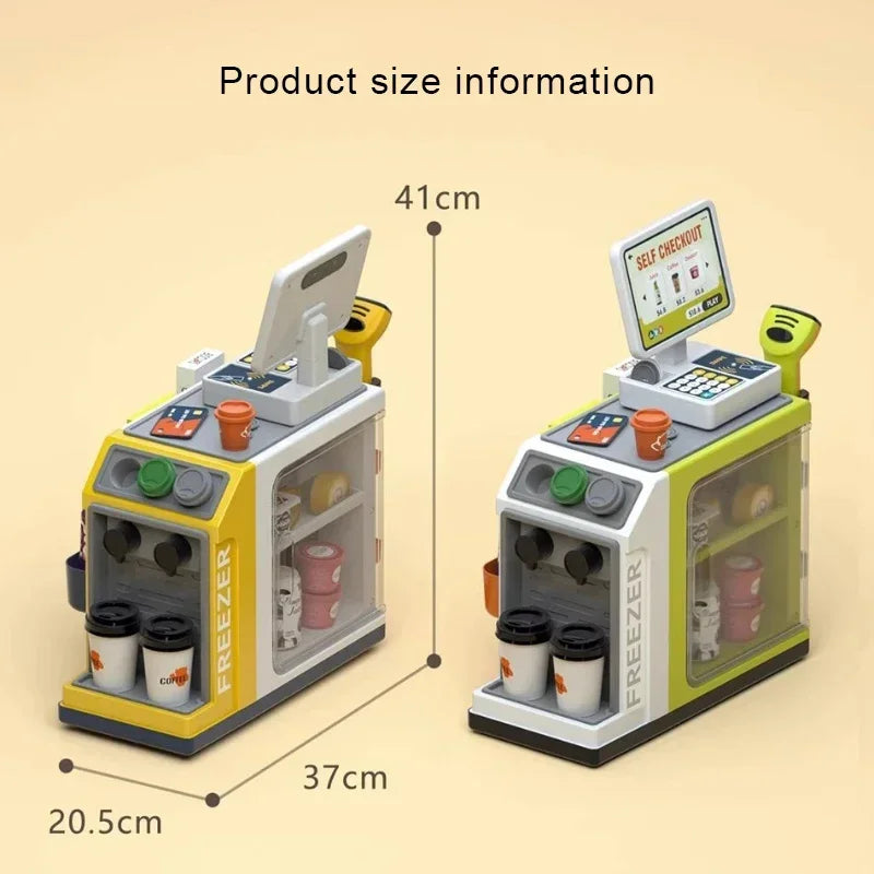 Toy cash register with touchscreen and scanner for home use