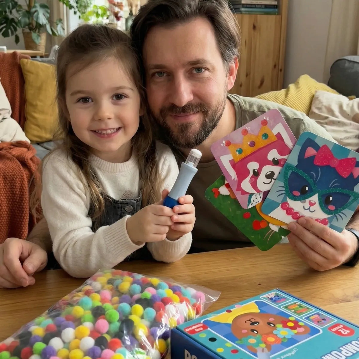 Kreatives Pompon Bastelset mit Tierkarten – Bildschirmfreies Spielen