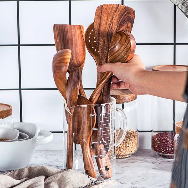 Hochwertiges Kochutensilien-Set aus Teakholz, 8-teilig
