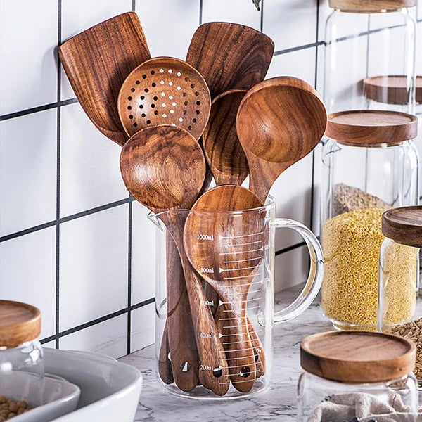 Hochwertiges Teakholz Kochgeschirr-Set, 8-teilig