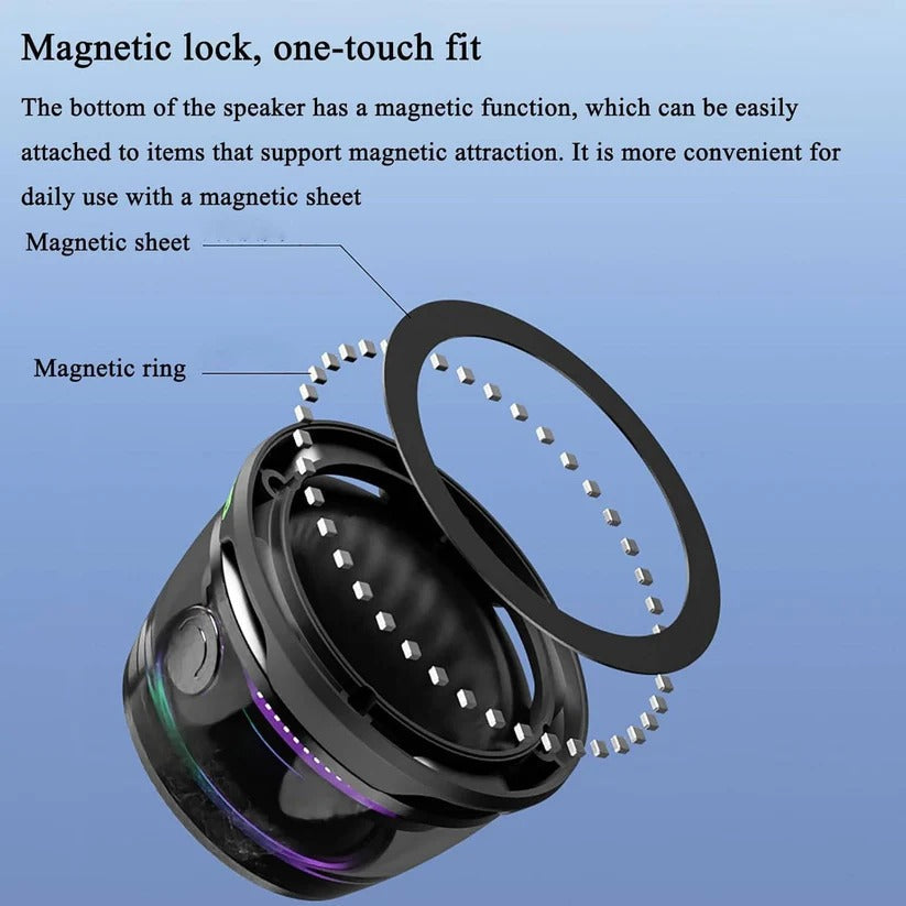 Compact Bluetooth speaker with magnetic base and RGB lighting