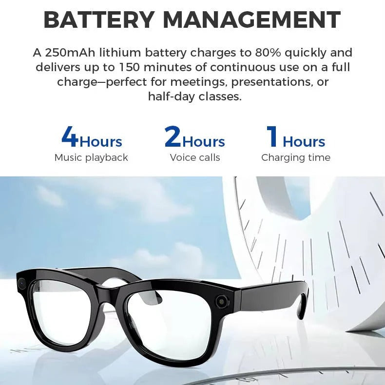 Smart glasses with integrated camera and Bluetooth audio