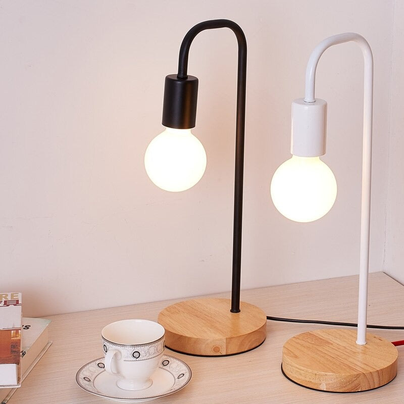 Industrial Bedside Lamp with Wooden Base and Metal Body