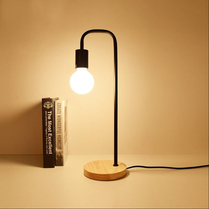 Industrial Bedside Lamp with Wooden Base and Metal Body
