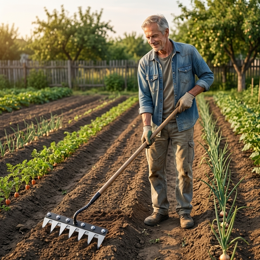 Carbon steel weeding rake with pointed tines