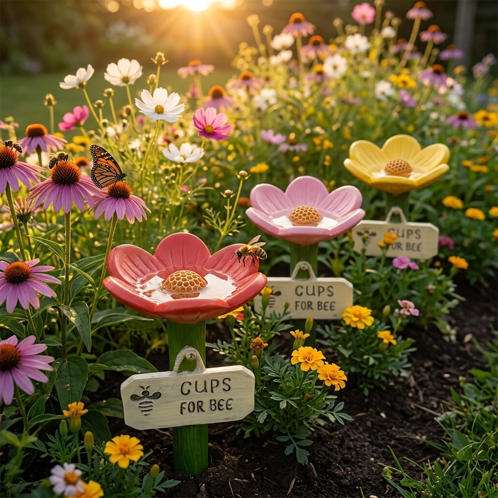Flowering Drinking Vessel for Bees and Butterflies – Hand-decorated for Your Garden