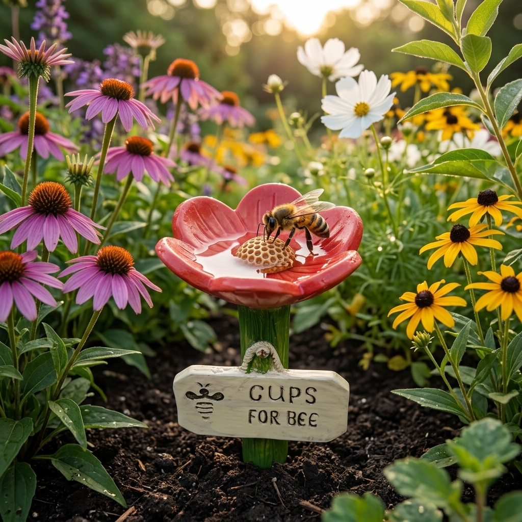 Flowering Drinking Vessel for Bees and Butterflies – Hand-decorated for Your Garden