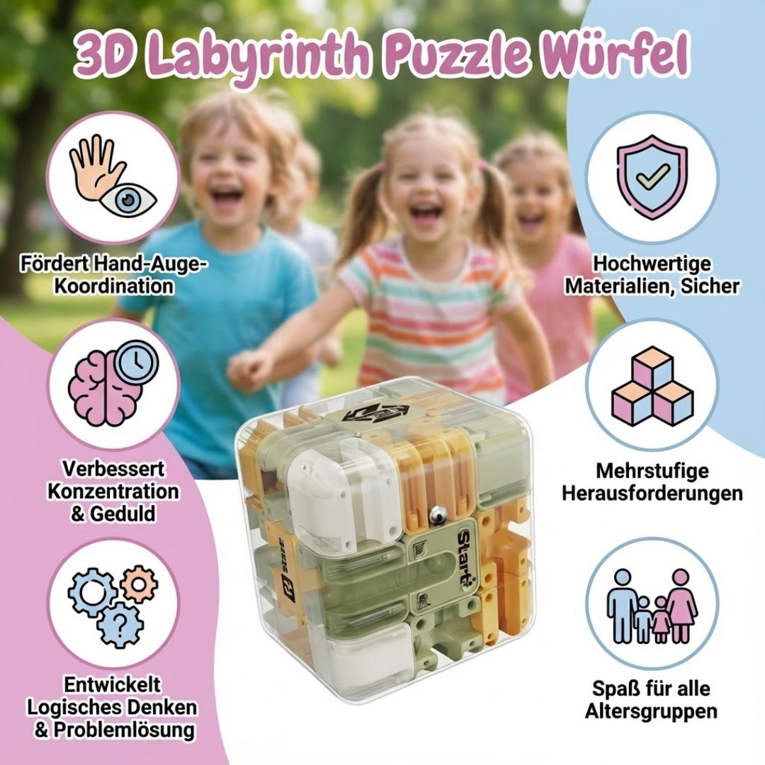 Puzzle cube with 3D labyrinth design