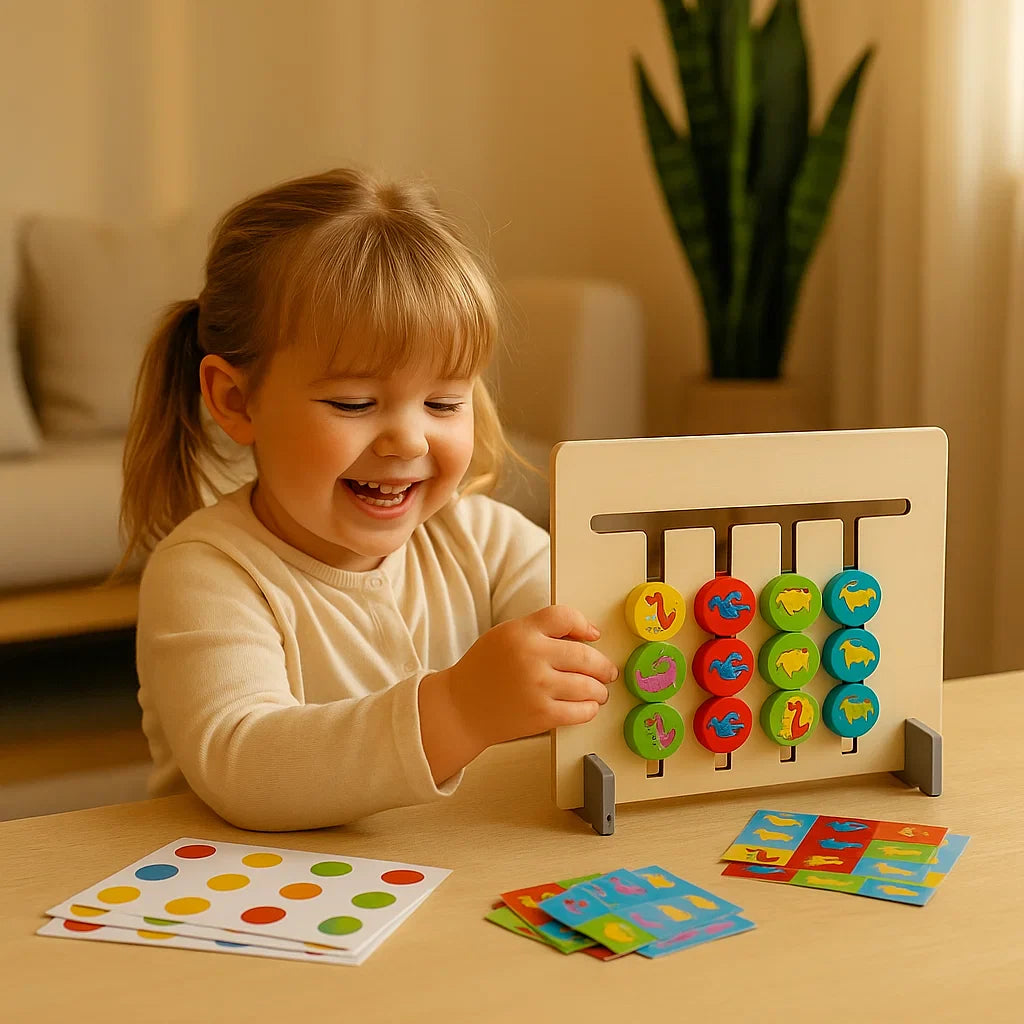 Montessori-style wooden toy for assigning colour patterns