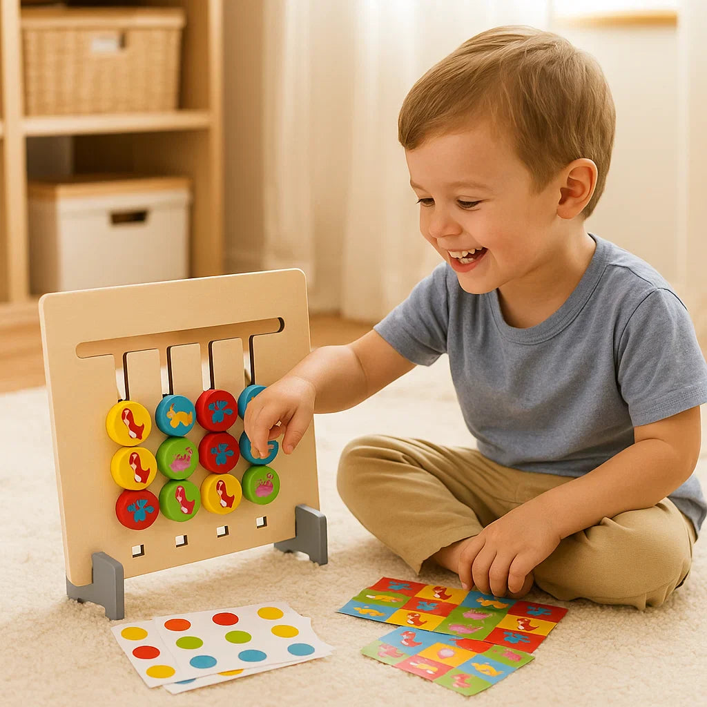 Montessori-style wooden toy for assigning colour patterns