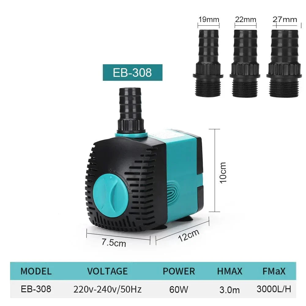 Submersible Pump 3-60W for Ponds and Aquariums – Quiet, 220V-240V/110V