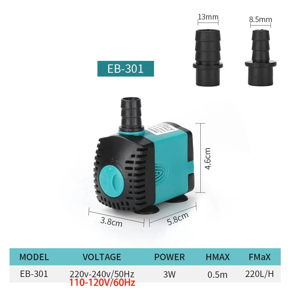 Submersible Pump 3-60W for Ponds and Aquariums – Quiet, 220V-240V/110V