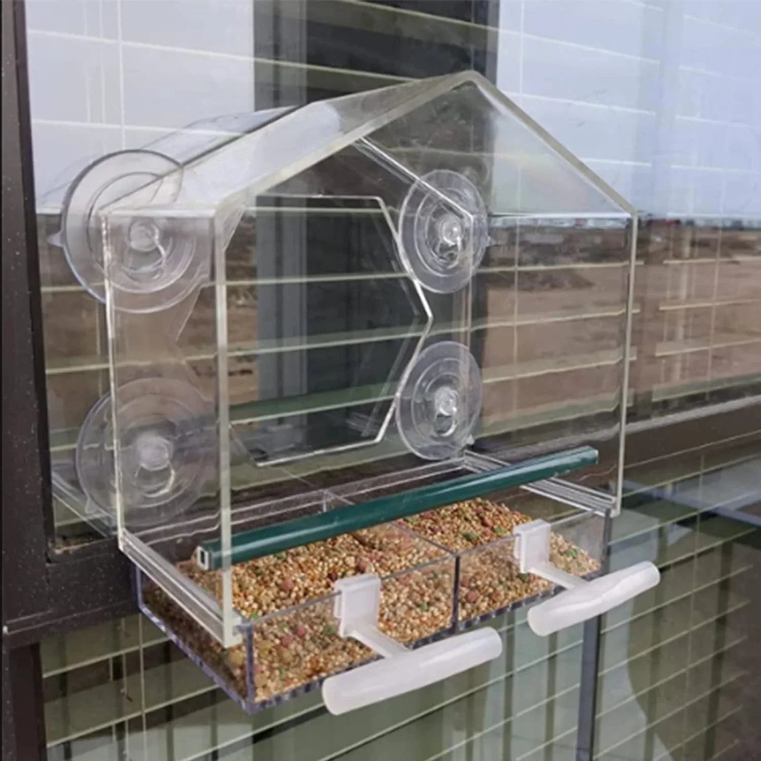 Clear Acrylic Bird Feeder with Suction Cup – Hanging Seed Tray