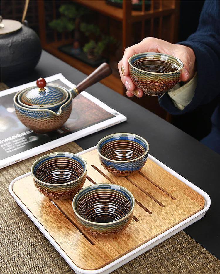 Elegant ceramic tea set with integrated filter for on the go